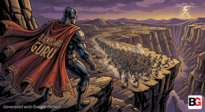 A superhero in a cape labeled Blackboard Guru stands on a cliff, overlooking a crowd crossing a chaotic, winding bridge over a canyon under a stormy sky. Text: Generated with Google Gemini and BG logo appear.