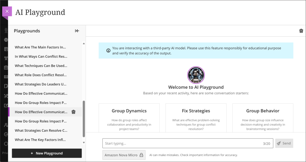 Screenshot of the AI Playground interface. The sidebar lists various conversation starter topics. The main section welcomes the user with options for Group Dynamics, Fix Strategies, and Group Behavior. A blue info banner is at the top.