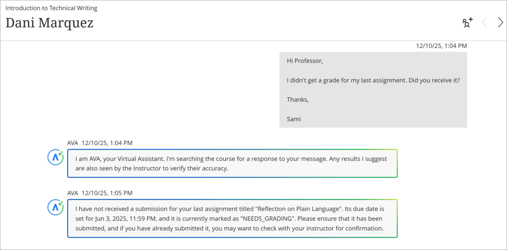 A screenshot of an online course messaging system shows a student asking why they havent received a grade. The virtual assistant replies that no submission was received for the Reflection on Plain Language assignment.