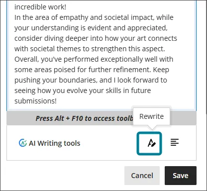 A computer screen shows a feedback comment with a highlighted “Rewrite” option and icons for AI writing tools. Below are Cancel and Save buttons. A prompt above reads, “Press Alt + F10 to access toolbar.”.
