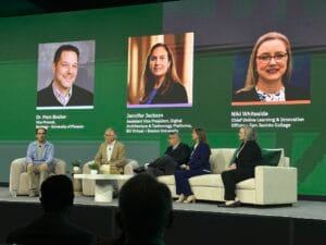 Five people sit on stage during a panel discussion, with three speakers’ portraits, names, and titles displayed on a large screen behind them. The set includes white sofas, chairs, and a green background.